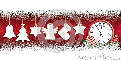 Golden Christmas Stickers Snow Banner Wood Clock 2017 Vector Illustration