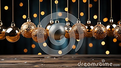 Golden Christmas tree balls hang over a wooden table, side view Stock Photo