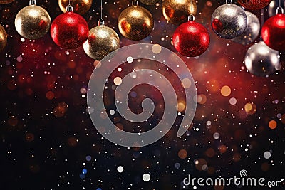 AI generated. Golden Christmas tree toy balls hanging on festive bokeh background Stock Photo