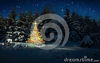 Golden Christmas tree in winter forest and stars sky.Christmas Card. Stock Photo