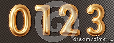 Golden chrome numbers set 3d realistic. Metal golden glossy font number 1,2,3,0. Decoration for banner, cover, birthday or Stock Photo