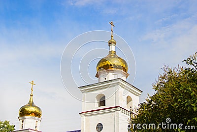 Golden russian church top scenic countryside blue sky Stock Photo