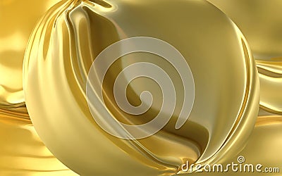 A golden circle with wavy, sinuous waves. Beautiful golden background with yellow shades and reflections. Stock Photo