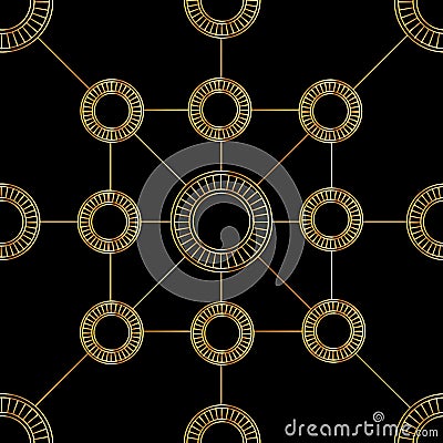 Golden circles and lines on black background Stock Photo