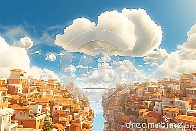 Golden City Hanging in the Sky, Heavenly Gold City Illuminated by Sun, Abstract Generative AI Illustration Stock Photo