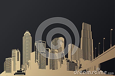 Golden cityscape with skyscrapers and bridge. Vector Illustration