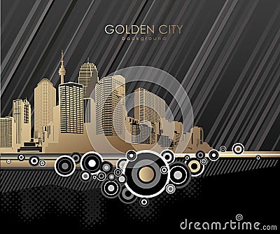 Golden cityscape with skyscrapers and circles. Vector Illustration