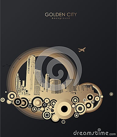 Golden cityscape with skyscrapers and circles. Vector Illustration