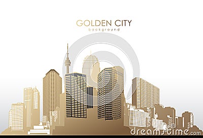 Golden cityscape with skyscrapers on white background. Vector Illustration