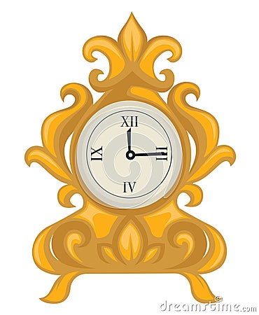 Golden clock in Baroque style, dial with hands isolated object Vector Illustration