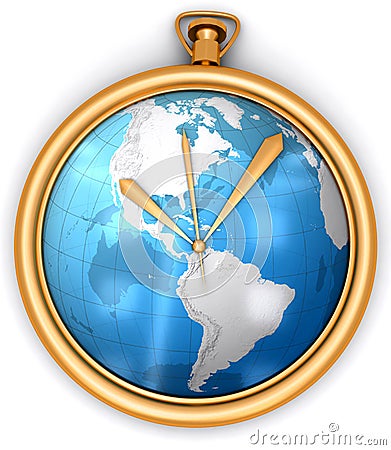 Golden clock with global map Stock Photo