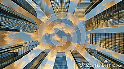 Golden clouds passing over skyscrapers business buildings in the morning Stock Photo