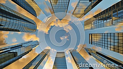 Golden clouds passing over skyscrapers business buildings in the morning Stock Photo