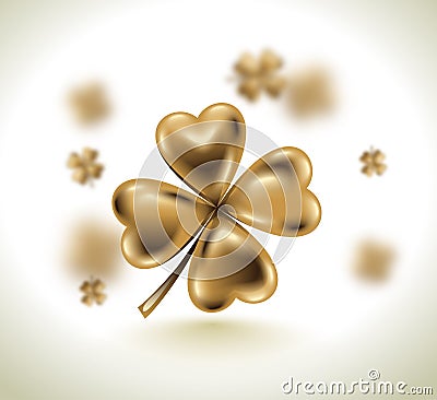 Golden clover leaf, vector illustration for St. Patrick day. Blured four-leaf on light white background Vector Illustration