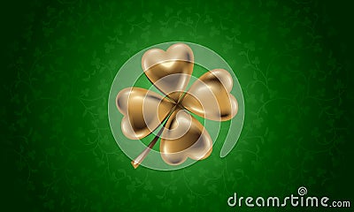 Golden clover leaf, vector illustration for St. Patrick day. Isolated four-leaf on green floral background. Jewelry 3d design Vector Illustration