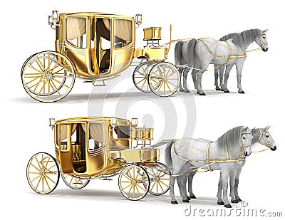 Golden coach with an open door, harnessed with a pair of white horses. Cartoon Illustration