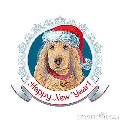 Dog in Santa hat. Label Vector Illustration