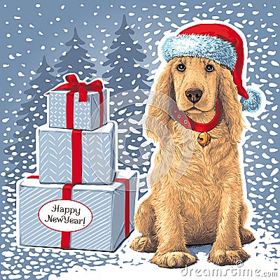 Dog sitting in Santar hat next to gift Vector Illustration