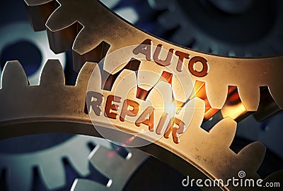 Golden Cog Gears with Auto Repair Concept. 3D Illustration. Stock Photo