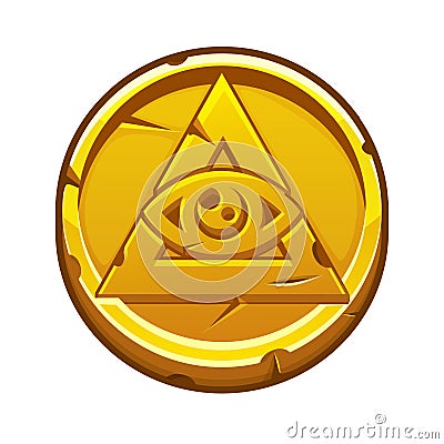 Golden coin with All-seeing eye. Golden Pyramid and All-seeing eye, Freemasonry Masonic Symbol Vector Illustration