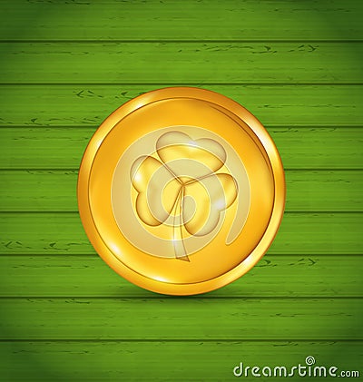 Golden coin with clover on green wooden texture for St. Patrick Vector Illustration