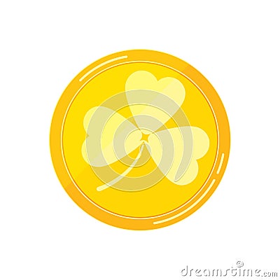 Golden coin with clover shamrock vector flat icon isolated on white background. Gold money with tree leaves clover - Vector Illustration