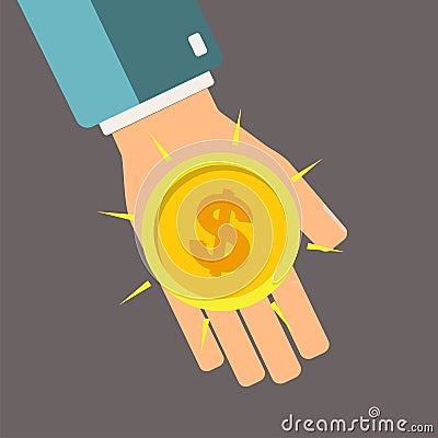 Golden coin in hand. Profit concept. Vector Illustration