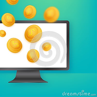 Golden coin jackpot win on gold background. Vector icon. Golden background. Casino on monitor jackpot. Vector Illustration