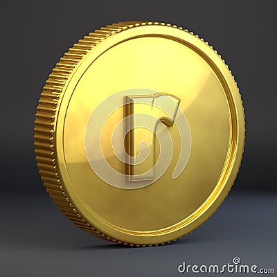 Golden coin with letter R lowercase isolated on black background. Stock Photo