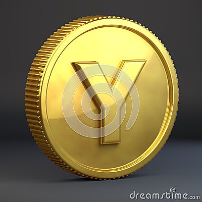 Golden coin with letter Y uppercase isolated on black background. Stock Photo