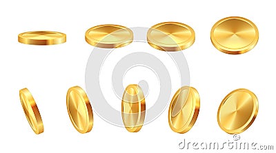 Golden coin. Realistic gold cash. 3D blank monetary signs. Money animation. Savings in precious metal. View from different angles Vector Illustration