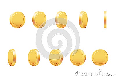 Golden coin rotation animation money currency isolated 3d realistic casino game design vector illustration Vector Illustration