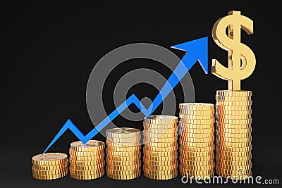 Golden coin stack and finance graph chart on black background., Money saving and investment concept and saving ideas and financial Cartoon Illustration