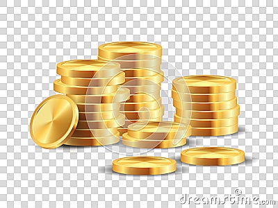 Golden coin stack. Realistic golden dollar coins game template. Vector 3D cash money isolated on transparent background Vector Illustration