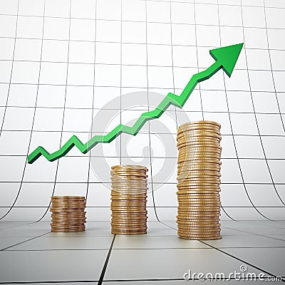 Golden coin stacks and a graph Stock Photo