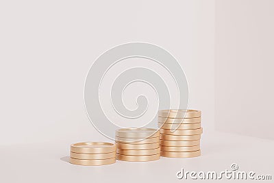 Golden coin stacks growing graph on white background, business investment and saving money concept, realistic 3d render Stock Photo