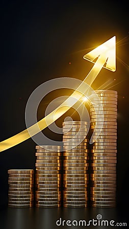 Golden coins beside ascending arrow symbolize thriving trading ventures Stock Photo