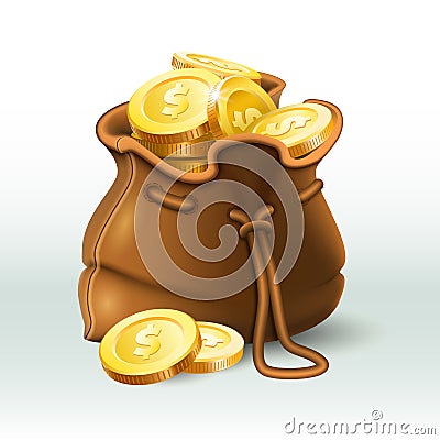 Golden coins bag. Gold coin in old antique sack, saving money purse and gold wealth 3D realistic vector illustration Vector Illustration
