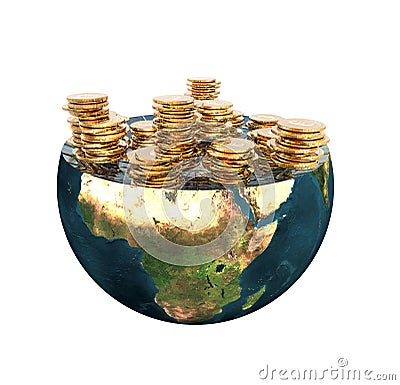 Golden coins on earth hemisphere Stock Photo