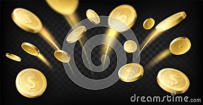 Golden coins explosion. Realistic dollar coins flying with moving traces, gambling games prize, casino jackpot, money Vector Illustration