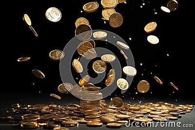 Golden coins fall from the sky. Generative AI Stock Photo