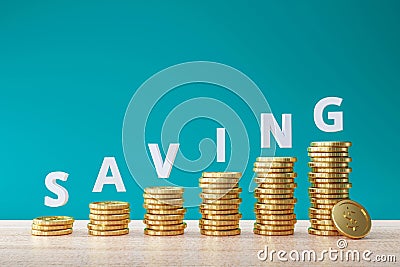 Golden coins and growing graph on blue background with saving money words concept. Coins saving idea. 3D rendering Stock Photo