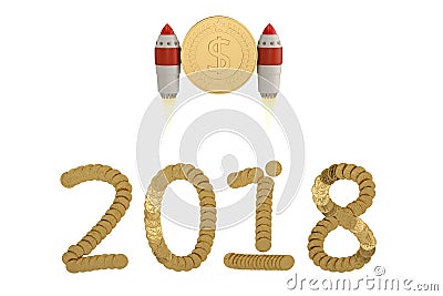 2018 from the golden coins and hold coin with rocket on white.3D illustration Cartoon Illustration