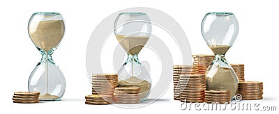 Golden coins and hourglass clock isolated on white. Return on investment, deposit, growth of income and savings, time is money Cartoon Illustration