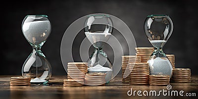 Golden coins and hourglass clock. Return on investment, deposit, growth of income and savings, time is money concept. Business Cartoon Illustration