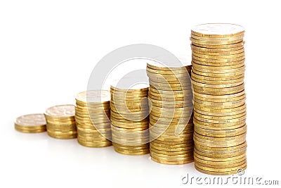 Golden coins isolated. Ukrainian coins Stock Photo