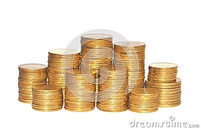 Golden coins isolated on white. Stock Photo