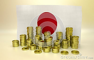 Golden coins and Japanese flag Stock Photo