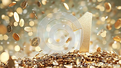 Golden coins raining around a large number one on a shiny background, AI Generative Stock Photo