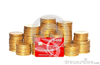 Golden coins and red credit card isolated on white Stock Photo